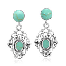 Victorian Style Green Turquoise Stone Sterling Silver Swirl Dangle Earrings - £18.78 GBP
