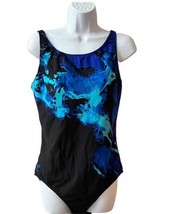 Speedo Swimsuit Womens 14 Blue Black Racerback Built In Bra One Piece - £15.47 GBP