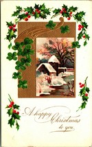 A Happy Christmas Cabin Holly 4 Leaf Clover Gilt Embossed 1909 DB Postcard C4 - £5.49 GBP
