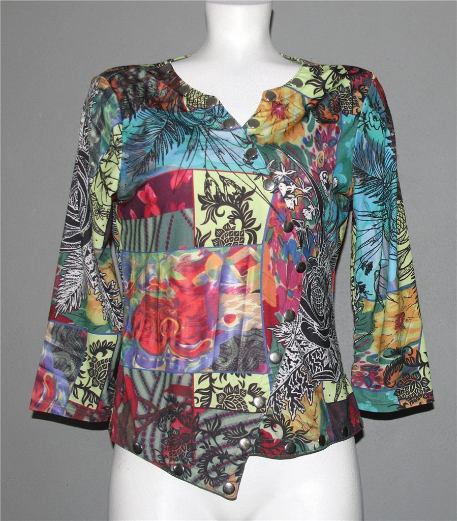 PARIS IQ Allover Floral Patch Graphics Asymmetrical Flat Snaps Tunic Top... - $21.99