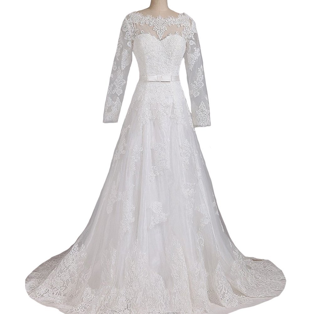 Kivary Sheer Vintage Long Sleeves Tulle and Lace A Line Bridal Wedding Dresses I