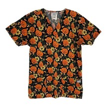 Pumpkin Fall Womens Scrub Shirt Size Small Orange Black Short Sleeve Pockets - £17.71 GBP
