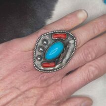 Native American Natural Untreated Turquoise Coral Ring Sterling Silver - $8,280.38 MXN