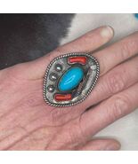 Native American Natural Untreated Turquoise Coral Ring Sterling Silver - $8,280.38 MXN