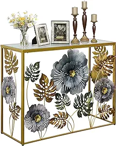 Console Table, Vintage Art Sofa Table With Metal Flower Decor, Slim Entr... - $315.99