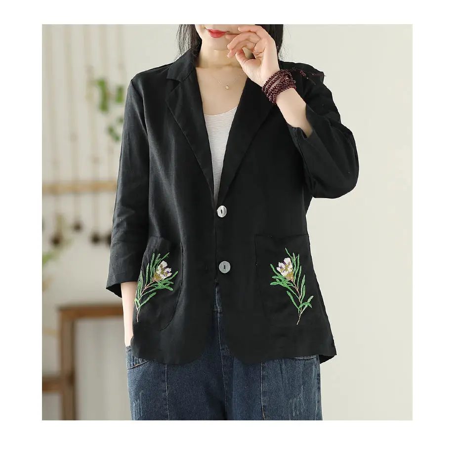 Blazers single button cotton linen casual jacket ladies business embroidery suit blazer thumb200
