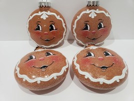 (4) Gingerbread Faces Glitter Plastic Christmas Tree Ornaments Home Decor 4.5&quot; - £27.21 GBP