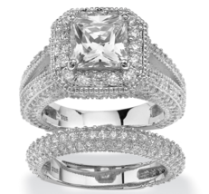 Princes Cz Halo Wedding 2 Ring Set Band Platinum Sterling Silver 6 7 8 9 10 - £160.84 GBP