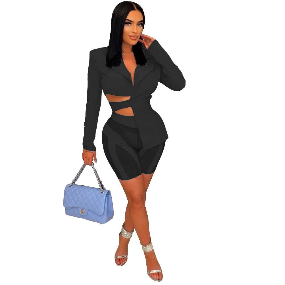 ANJAMANOR Two Piece Club Outfits Women Sexy Asymmetric Blazer and Mesh Shorts Le - £123.58 GBP