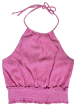 SIENNA SKY Junior&#39;s Cropped Halter Tank Top Open Tie Back Size L Pink Printed - £11.86 GBP