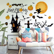 Happy Halloween Home Decor Wall Stickers Witch Bats Spiders Pumpkin Lantern Cat  - £10.75 GBP