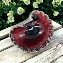 Vintage Art Glass Murano Cranberry Rolled  Controlled Bubble Ashtray Trinket - £36.06 GBP