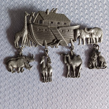Vintage Pewter Noahs Ark JJ Jonette Jewelry Signed Brooch Pin Dangling A... - $131.94 MXN