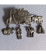 Vintage Pewter Noahs Ark JJ Jonette Jewelry Signed Brooch Pin Dangling A... - $9.50 CAD