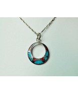  Turquoise &amp; Coral Open Circle Pendant 925 Sterling Silver, Handmade Rou... - £33.57 GBP
