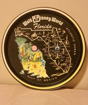 Vintage Walt Disney World Tin Tray Plate Florida map 1970s Black 10.5" Diameter - $19.79