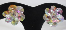 VTG CLIP EARRINGS~GORGEOUS AB CLEAR FACETED GLASS BEADS W/RHINESTONE CENTER - £15.98 GBP