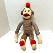 Vintage Handmade Plush 20&quot; Sock Monkey Red Pom Pom Hat and Feet Stuffed Animal - £17.98 GBP
