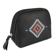 Women&#39;s Black Leather Floral Embroidered Zippered Makeup Cosmetic Bag 18... - $29.99