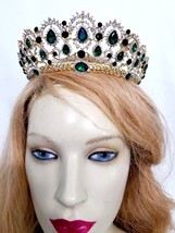 Rhinestone Crystal Tiara, Green Crown Tiara, Statement Pageant Jewelry, Head Ban - £55.19 GBP