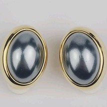 Vintage Joan Rivers Metallic Gray Simulated Pearl Gold Tone Oval Clip Ea... - $21.49