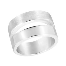 Modern Elegance Wide Double Band Two Tone Satin and Shiny Sterling Silver Ring-9 - £28.00 GBP