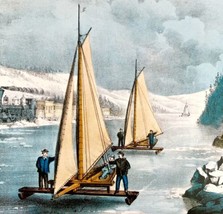 Ice Boat Race On Hudson NY 1955 Currier &amp; Ives Color Plate Antique Print DWEE35 - £31.96 GBP