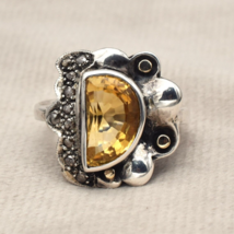 Vintage Natural Yellow Citrine Diamond 18K Gold Silver Victorian Women Ring - $180.50
