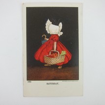 Postcard Sunbonnet Girl Red Dress Basket Food Days of Week Saturday Antique 1905 - £7.86 GBP