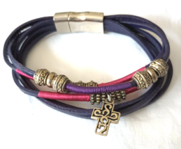 Multistrand Magnetic Boho Charm Bracelet Cross Multicolor Faux Leather Beads - £7.02 GBP