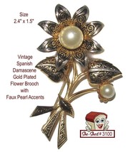 Damascene Pin Flower w/ Faux Pearls Brooch Spain Vintage Brooch Pin - £11.70 GBP
