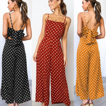 Elegant Sexy Jumpsuits Women Sleeveless Polka Dots Loose Baggy Pants Rompers Bow - £34.73 GBP