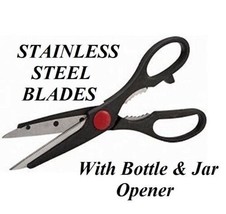 Stainless Steel MULTI-PURPOSE Shears Scissors Serrated Edge w/Jar Bottle Opener - £8.01 GBP