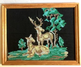 Deer Cross Stitch Picture 14” Complete Framed Vtg Mid Century Under Glass - $29.69