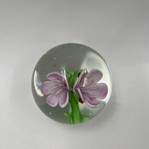 Vintage Large Hand Blown Glass Paperweight Two Pink Flowers on Stem Desi... - $45.46