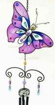 Purple Butterfly Stained Glass With Gemstones Copper Wind Chime Garden P... - $25.99