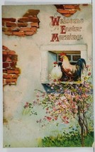 Easter Greeting Roosters in Window  Flowers 1911 Warren Ohio Postcard C17 - £4.67 GBP