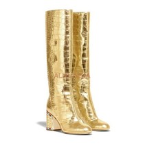 Golden Round Toe Chunky Heel Knee High Boots Ladies Winter Pattern Glossy Rhines - £168.86 GBP