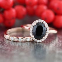 1.50ct Oval-Cut Black Diamond Halo Bridal Set Engagement Ring 14K Rose Gold Over - £73.09 GBP