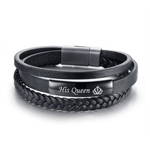 Vnox His Queen and Her King Couple Bracelets Black Braided Genuine Leather Promi - £29.69 GBP