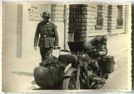 German WWII Photo Wehrmacht Soldiers &amp; Motorcycle with Sidecar 01518 - $14.99