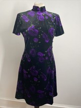 Vtg Evan Picone 6P Black Purple Floral Velvet Dress Asian Cheongsam Style - £52.58 GBP