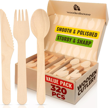 Disposable Wooden Cutlery Set – 320 Pcs (120 Forks | 120 Spoons | 80 Kni... - $26.61