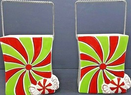 Peppermint Stripe Candy Dish Vase Trinket Box W/Handle Red &amp; Green Set Of 2 - £20.91 GBP