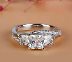 2.00 Ct Princess Cut Diamond 14K White Gold Over Three Stone Engagement Ring - £88.93 GBP