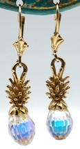 14K Gold &amp; Crystal Hawaiian Pineapple Dangle Earrings EternaGold in Original Box - £238.96 GBP