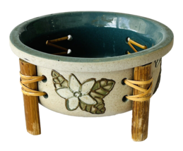 Asian Stoneware Bowl with Laced Bamboo Legs &amp; Flowers 2.75&quot; x 5&quot; Mark on Bottom - $29.02