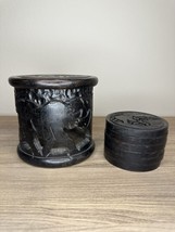 Hand Carved Elephant Ebony Wood Wooden Coaster Set And Holder African Tribal - £18.43 GBP