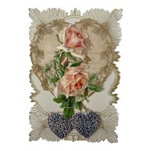 German Dresden Valentine Card Antique Victorian Diecut Pink Peach Roses Easel - £14.26 GBP