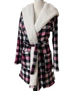 Jenni Intimates Women's Plaid Short Sherpa Hooded Robe Sz M Soft Belted - $18.88